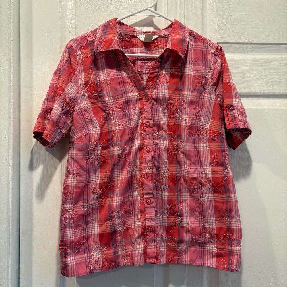 Christopher & Banks Pink Embroidered Short Sleeve Button Up Top - Size Medium